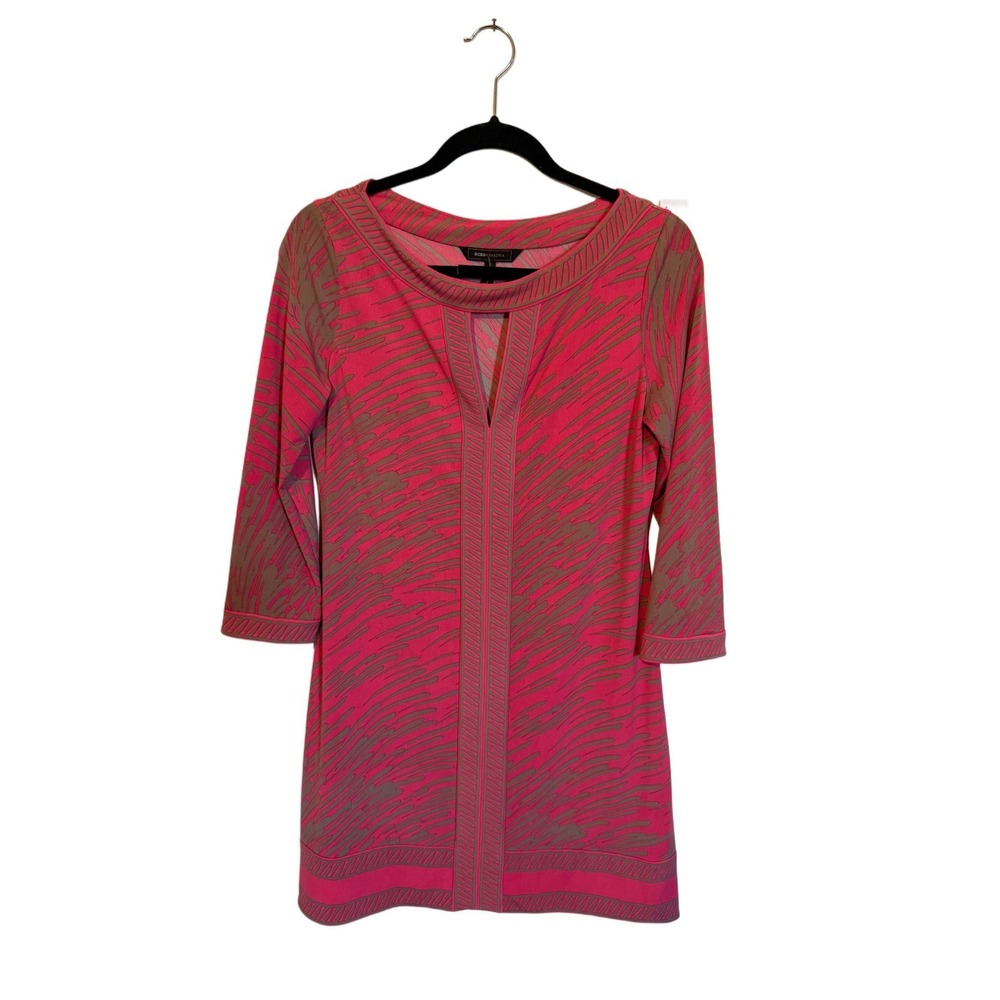 BCBG‎ Max Azria Pink Brown Abstract Print Keyhole Neck 3/4 Sleeve Dress Women